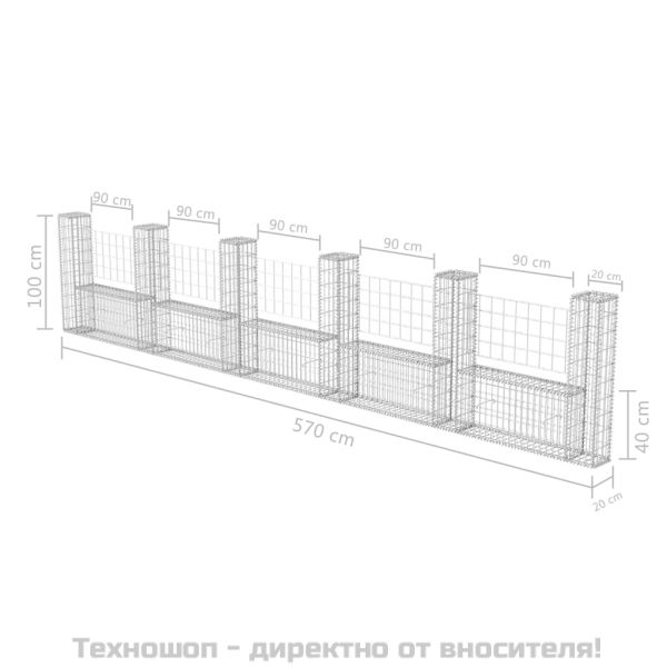 Габион кошница, U-форма, поцинкована стомана, 570x20x100 cм