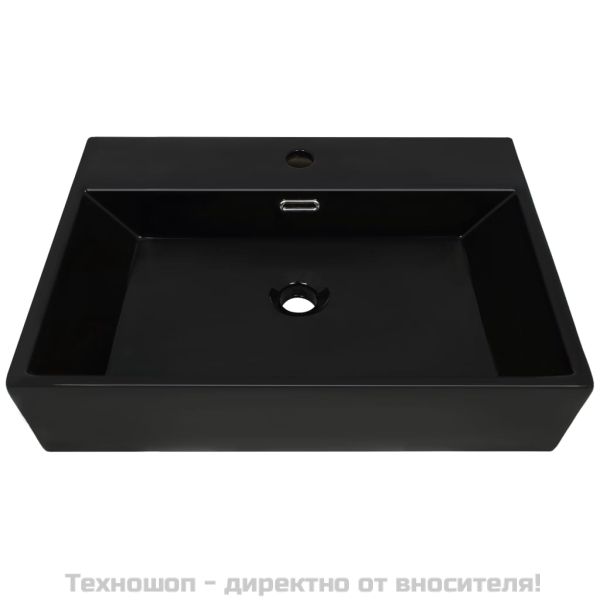 Мивка с отвор за смесител, керамична, черна, 60,5x42,5x14,5 см