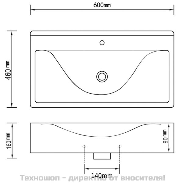 Мивка с преливник, 60x46x16 см, керамична, сребриста