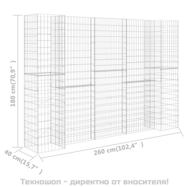 Габион плантер Н-образен, стоманена тел, 260x40x180 cм