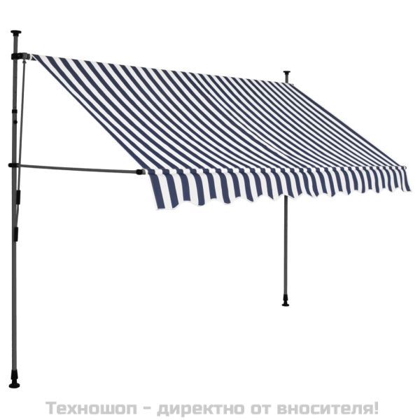 Ръчно прибиращ се сенник с LED, 250 см, синьо и бяло