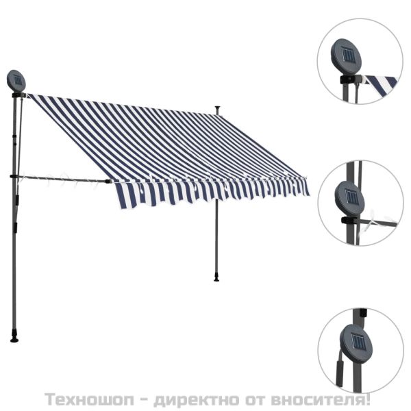 Ръчно прибиращ се сенник с LED, 250 см, синьо и бяло