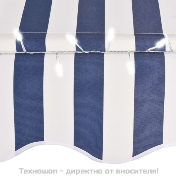 Ръчно прибиращ се сенник с LED, 250 см, синьо и бяло