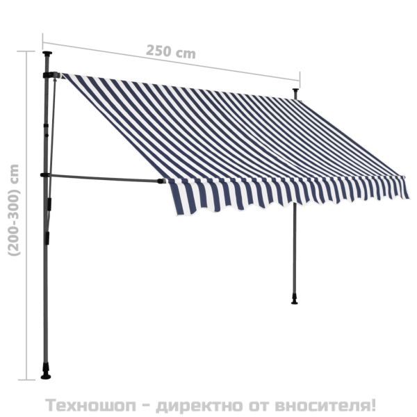 Ръчно прибиращ се сенник с LED, 250 см, синьо и бяло
