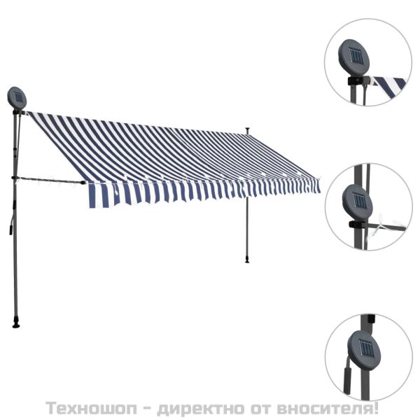 Ръчно прибиращ се сенник с LED, 400 см, синьо и бяло