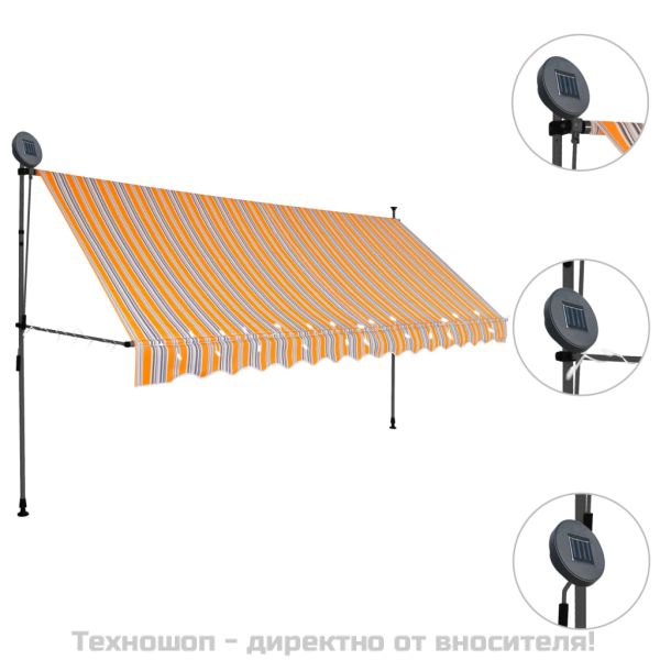 Ръчно прибиращ се сенник с LED, 350 см, жълто и синьо