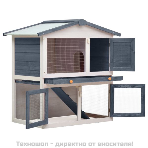 Външна клетка за зайци, 3 врати, сива, дърво