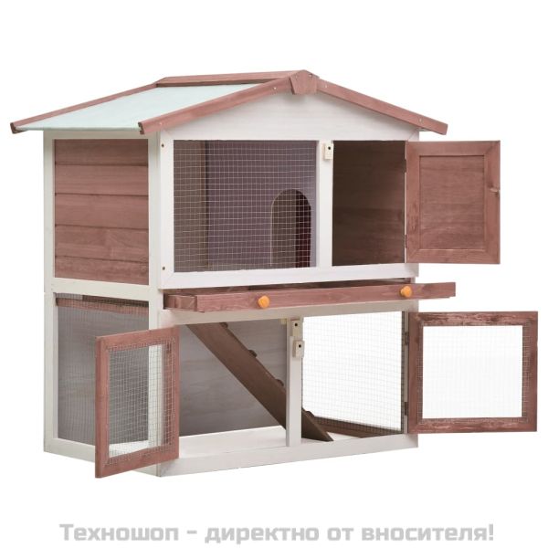 Външна клетка за зайци, 3 врати, кафява, дърво