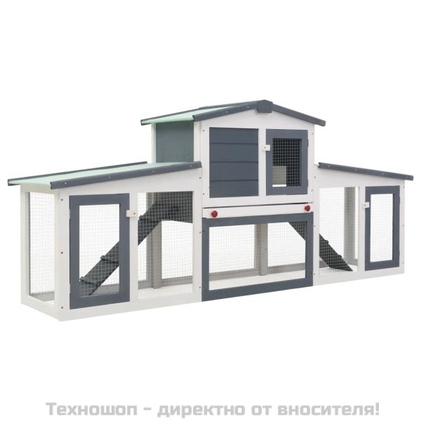 Външна голяма клетка за зайци, сиво и бяло, 201x45x85 см, дърво