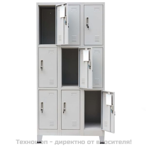 Заключващ се шкаф с 9 отделения, стомана, 90x45x180 см, сив