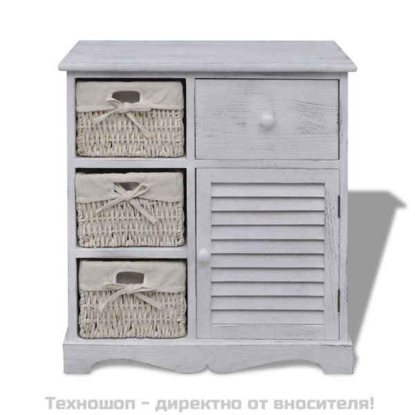 Дървен шкаф, 3 тъкани кошници отляво, бял