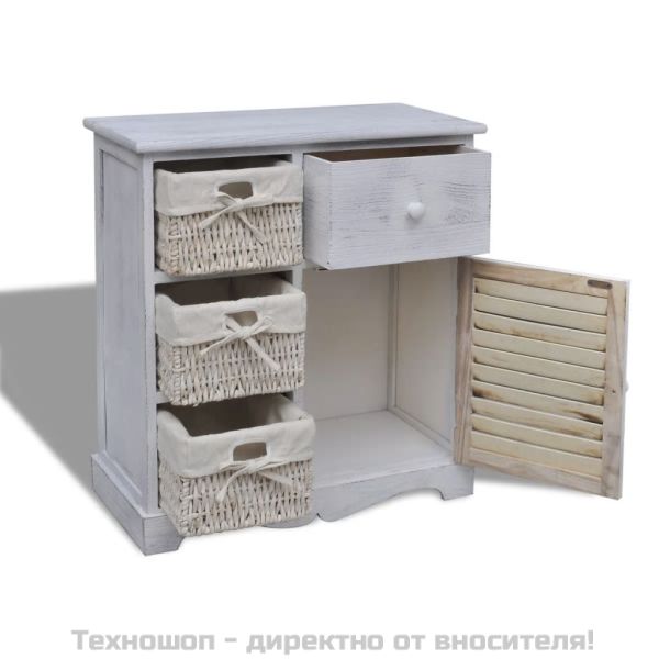Дървен шкаф, 3 тъкани кошници отляво, бял