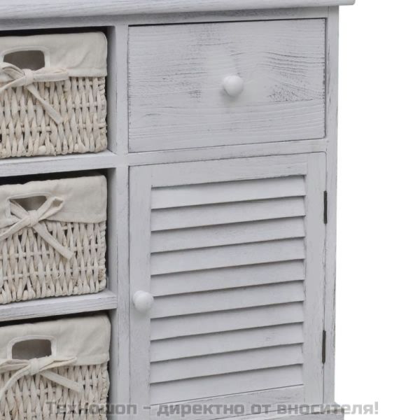 Дървен шкаф, 3 тъкани кошници отляво, бял