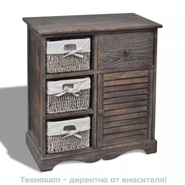 Дървен шкаф, 3 тъкани кошници отляво, кафяв