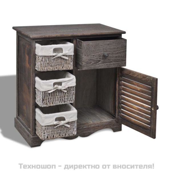 Дървен шкаф, 3 тъкани кошници отляво, кафяв