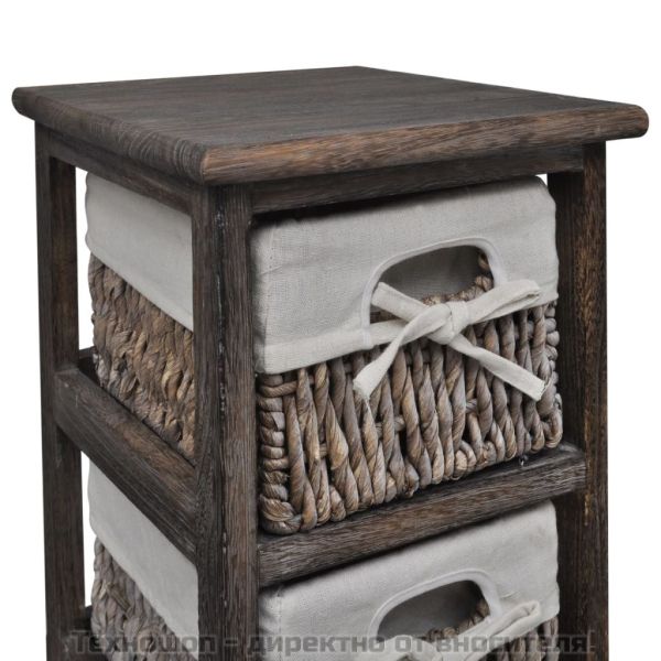 Кафяв дървен стелаж с 5 плетени кошници за съхранение