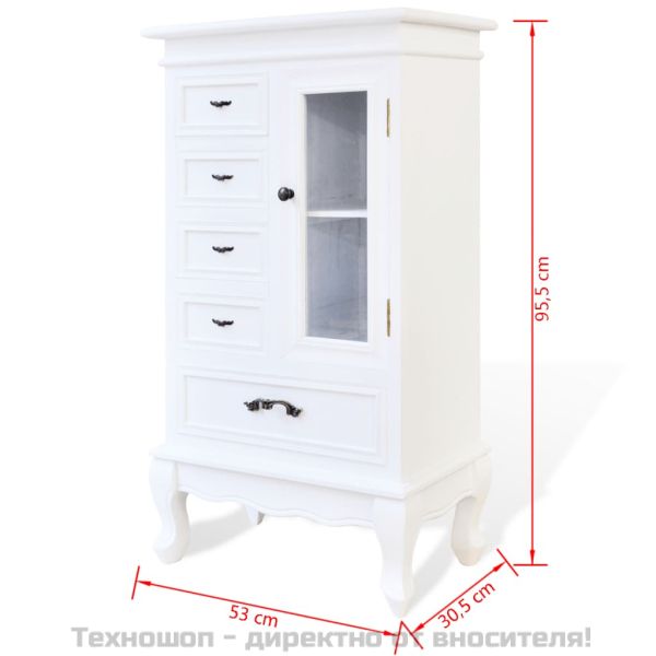 Шкаф с 5 чекмеджета, 2 рафта, бял