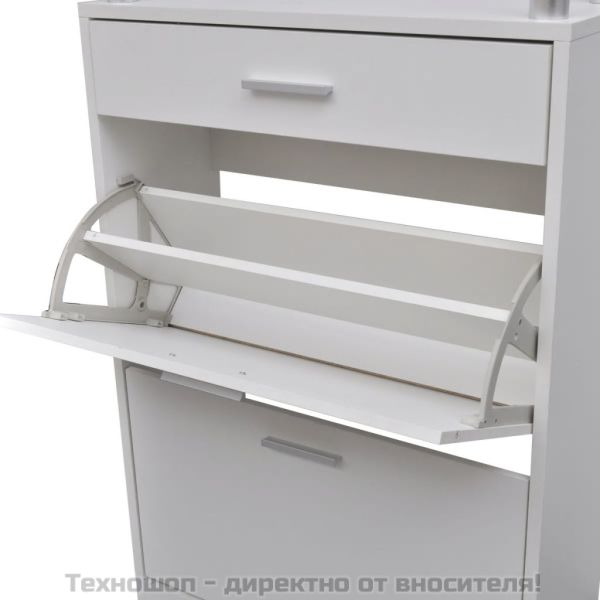 Шкаф за обувки с чекмедже и горен стъклен плот, дърво, бял