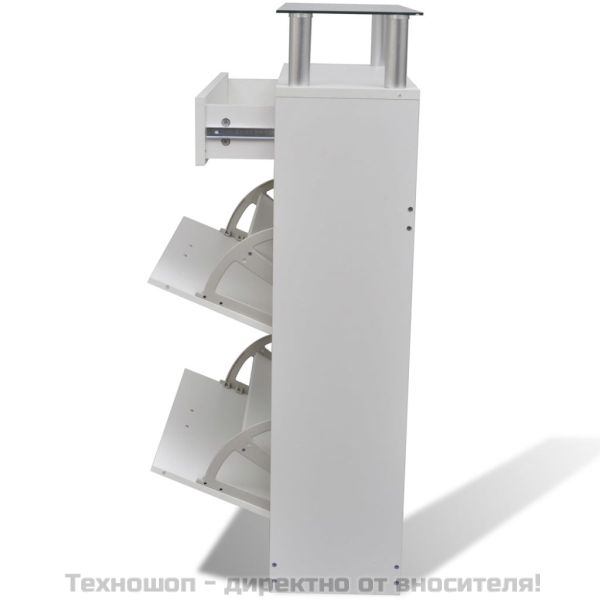 Шкаф за обувки с чекмедже и горен стъклен плот, дърво, бял