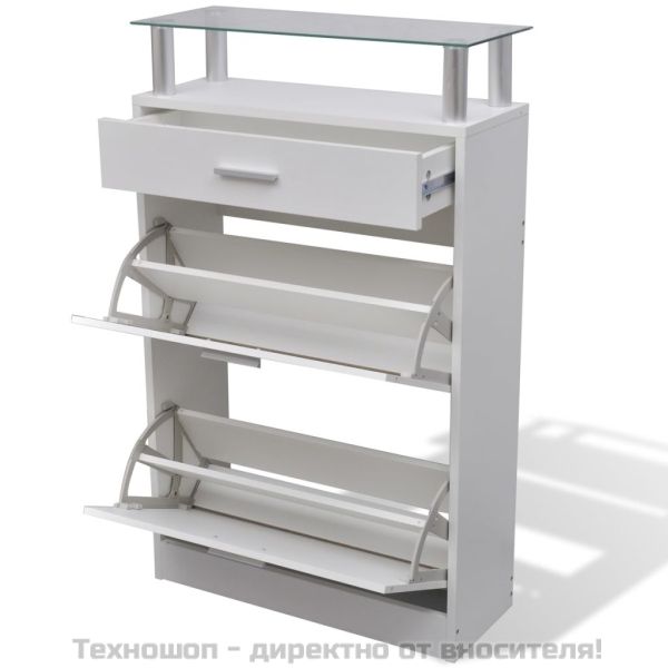 Шкаф за обувки с чекмедже и горен стъклен плот, дърво, бял