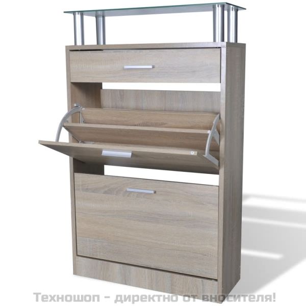Шкаф за обувки с чекмедже, горен стъклен плот, дърво, дъб