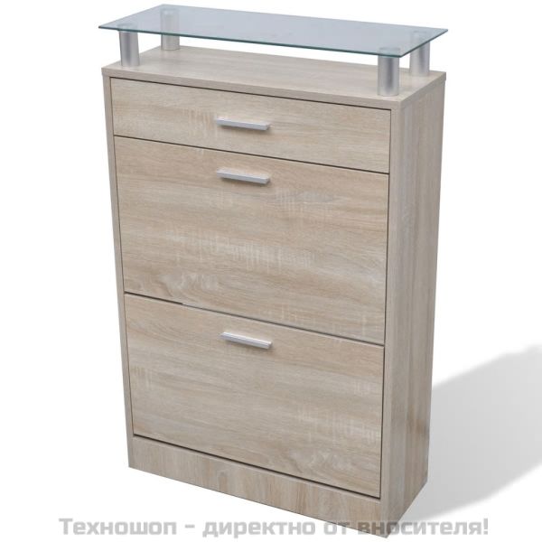 Шкаф за обувки с чекмедже, горен стъклен плот, дърво, дъб