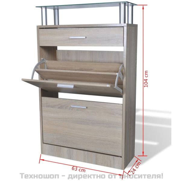 Шкаф за обувки с чекмедже, горен стъклен плот, дърво, дъб