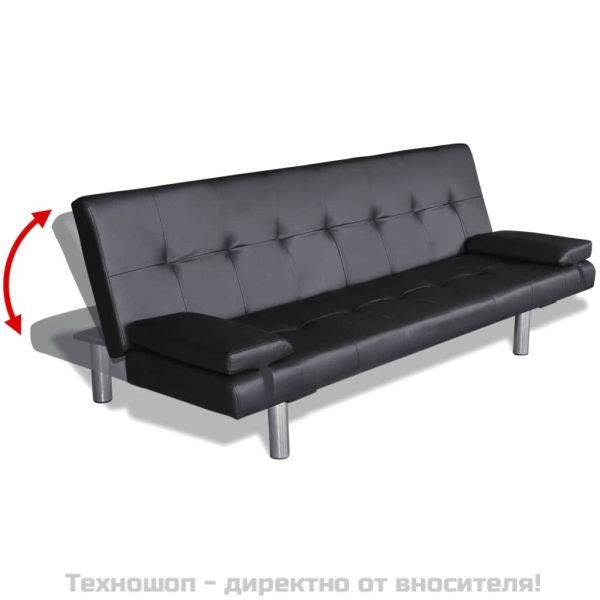 Разтегателен диван с две възглавници, изкуствена кожа, черен