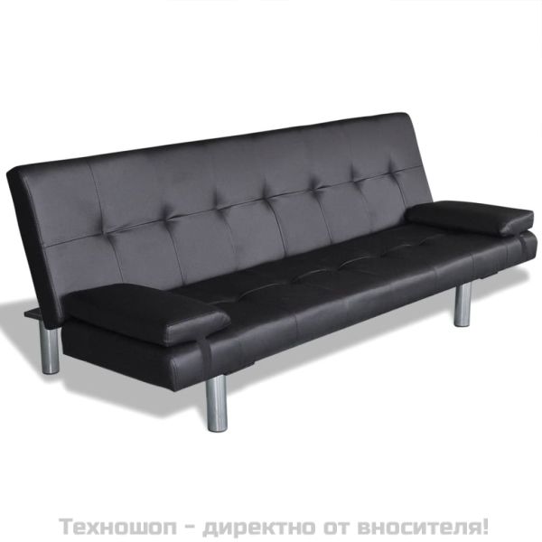 Разтегателен диван с две възглавници, изкуствена кожа, черен