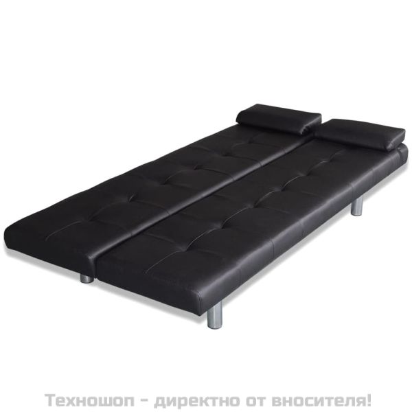 Разтегателен диван с две възглавници, изкуствена кожа, черен