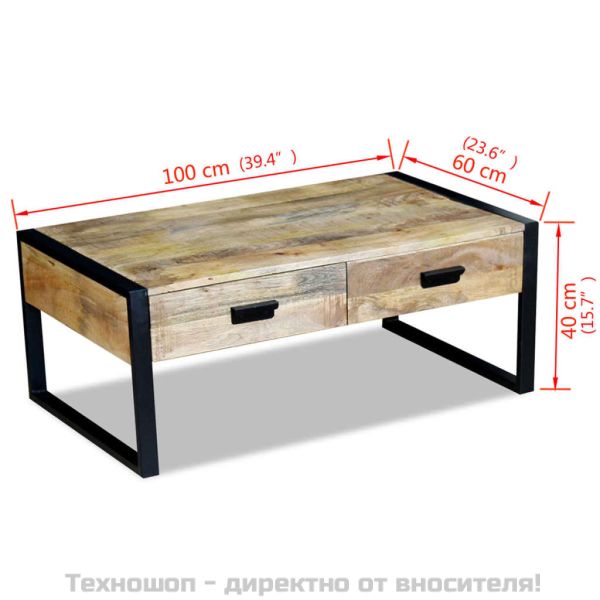Маса за кафе с 2 чекмеджета, твърдо мангово дърво, 100x60x40 cм