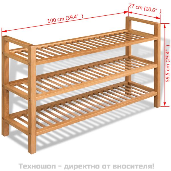 Поставка за обувки с 3 рафта, 100x27x60 см, дъбов масив