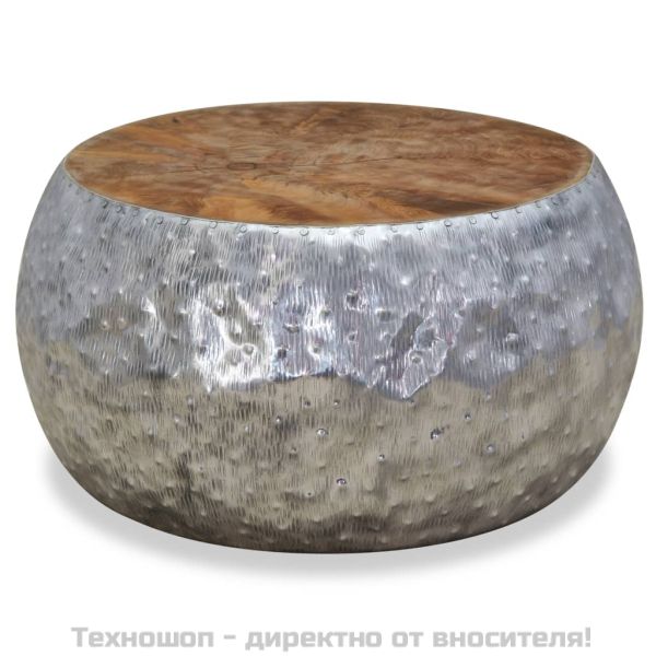 Маса за кафе, алуминий, тиково дърво, 60x60x30 см