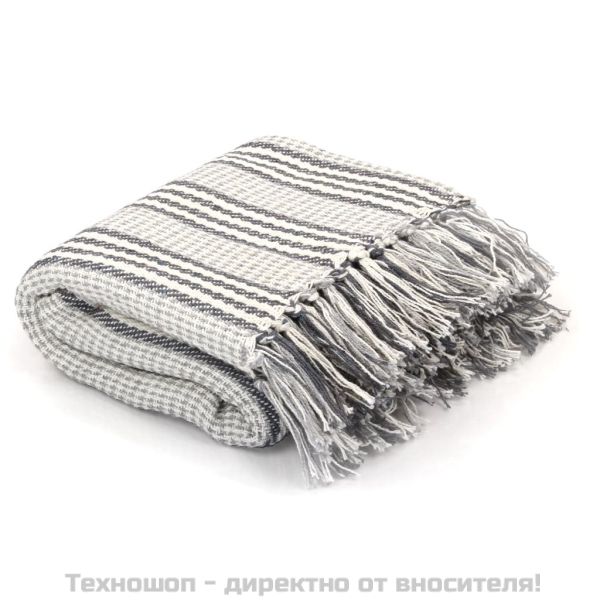 Декоративно одеяло, памук, ивици, 160x210 см, сиво и бяло