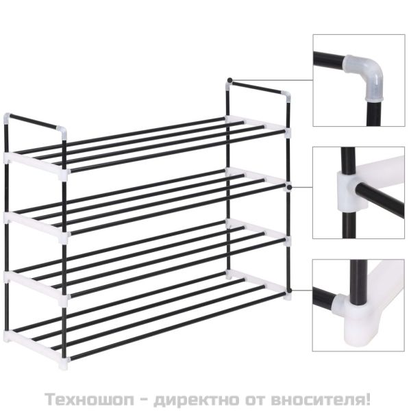 Стелаж за обувки с 4 рафта, метал и пластмаса, черен