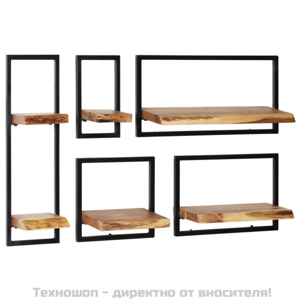 Рафтове за стена, 5 бр, акациево дърво масив и стомана