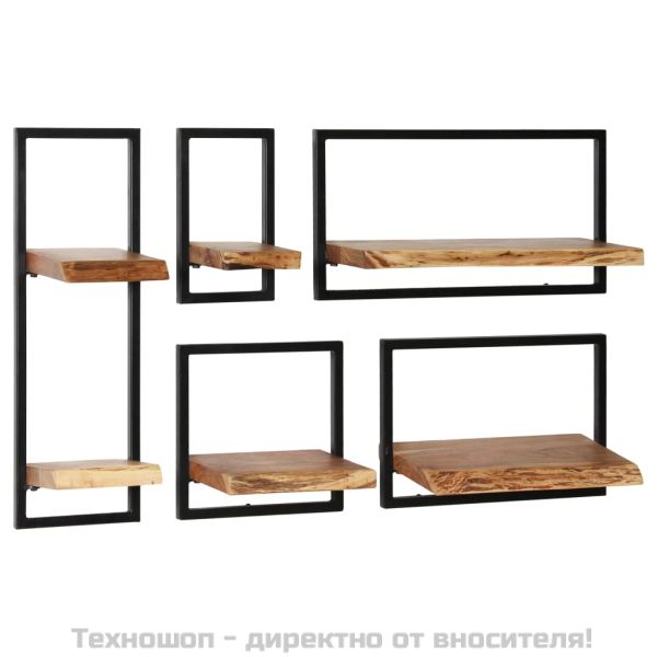 Рафтове за стена, 5 бр, акациево дърво масив и стомана