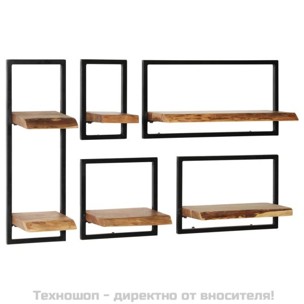 Рафтове за стена, 5 бр, акациево дърво масив и стомана