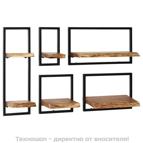 Рафтове за стена, 5 бр, акациево дърво масив и стомана