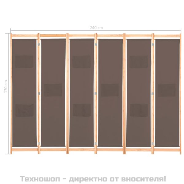 Параван за стая, 6 панела, кафяв, 240х170х4 cм, текстил