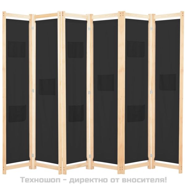 Параван за стая, 6 панела, черен, 240х170х4 cм, текстил