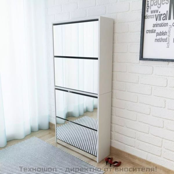 Шкаф за обувки на 4 нива с огледала, бял, 63x17x134 cм