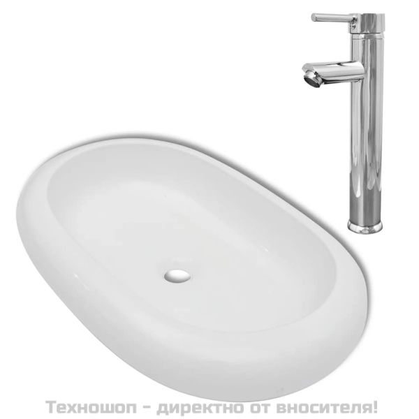 Мивка за баня със смесител, керамична, овална, бяла