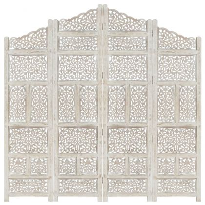 Ръчно резбован параван, 4 панела, бял, 160x165 cм, манго масив