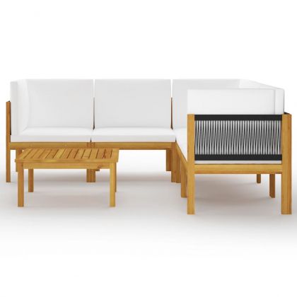 Градински комплект с възглавници, 6 части, кремаво дърво, акация и въже