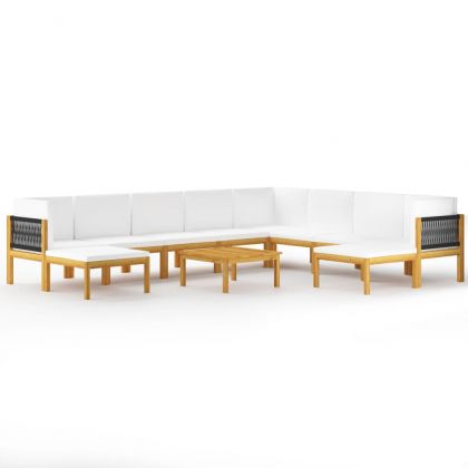 Градински комплект с възглавници, 11 части, кремаво дърво, акация и въже