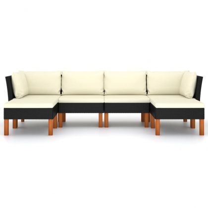 Градински комплект с възглавници, 6 части, черен полиратан