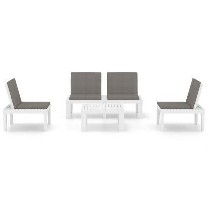 Градински лаундж комплект с възглавници 4 части пластмаса бял