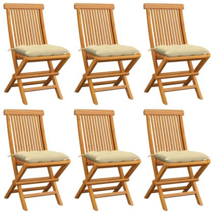 Градински столове с кремавобели възглавници 6 бр тик масив