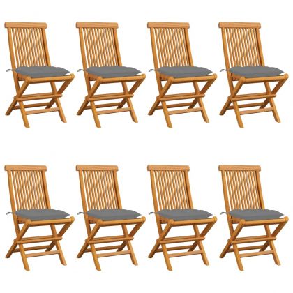 Градински столове със сиви възглавници 8 бр тик масив